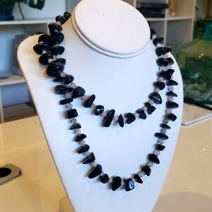 STERLING SILVER QUARTZ ONYX LAYERING STACK NECKLACE LONG